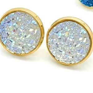 White Glitter and Gold Round Stud Earrings